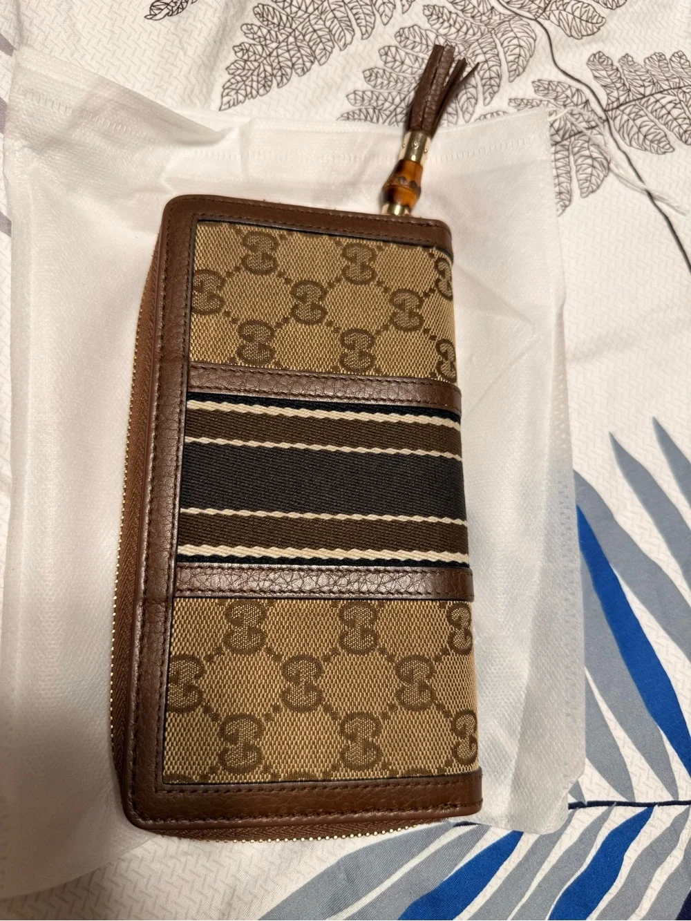 Gucci Brown Monogram Zip Card Holder with Striped Web